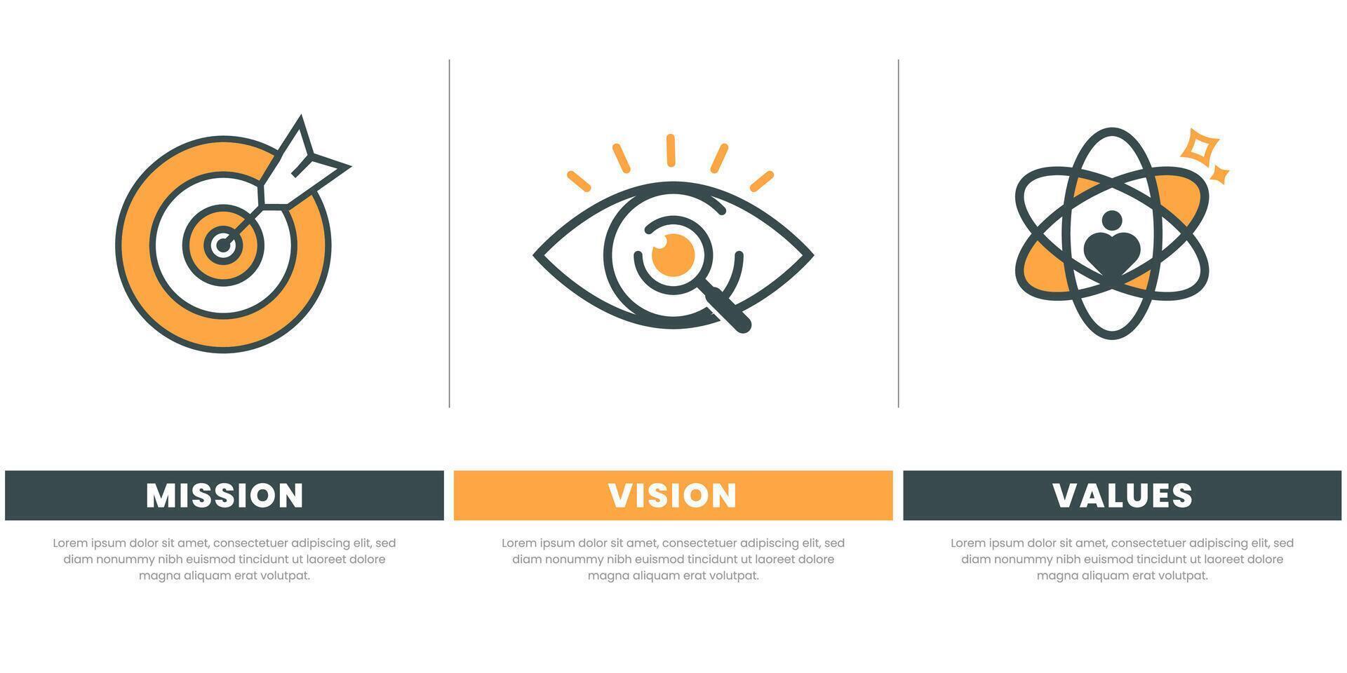 Mission vision values infographic banner template company goal infographic design with flat icon vector