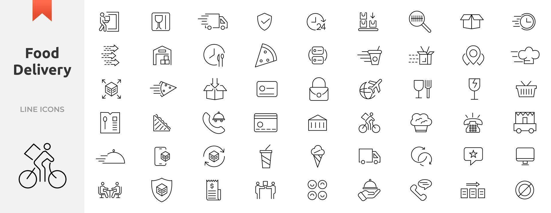 Food delivery service icon set. UI icons collection outline. Containing order tracking, delivery home, warehouse, truck, scooter, courier and cargo icons. Shipping symbol. vector