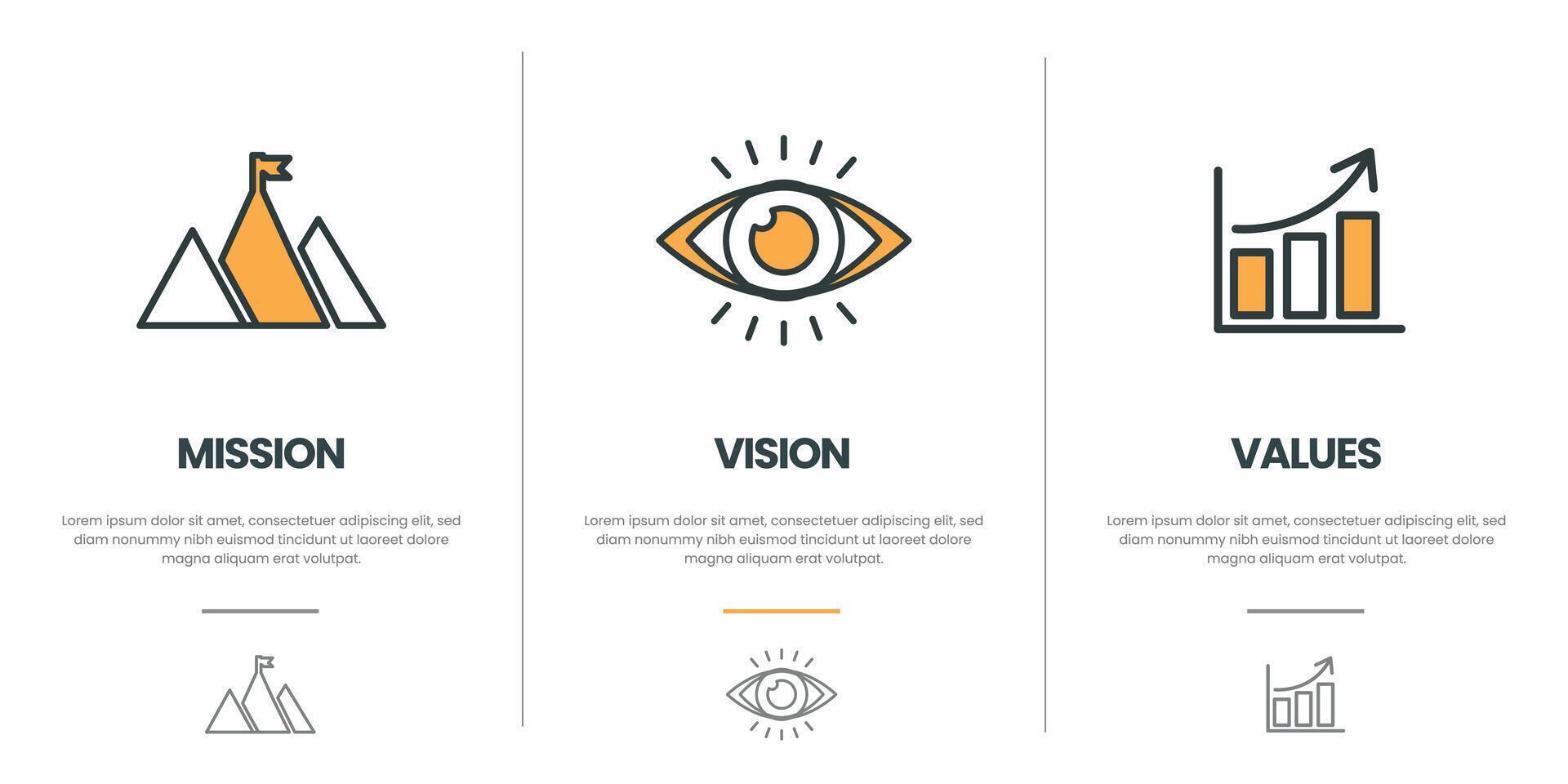 Mission vision values infographic banner template company goal infographic design with flat icon vector