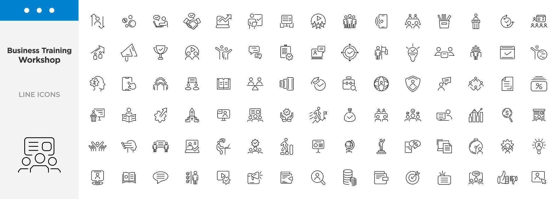 Business training and workshop icon collection. Training, coaching, mentoring, education, meeting, conference, teamwork, problem solving icon set. Business Workshop line icons set. vector