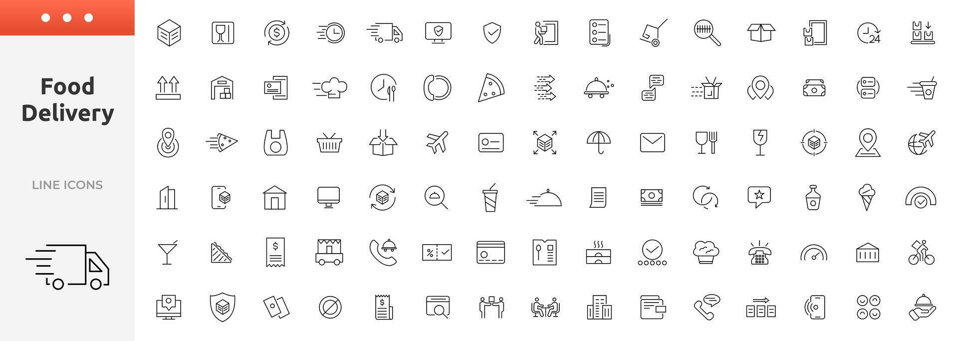 Food delivery service icon set. UI icons collection outline. Containing order tracking, delivery home, warehouse, truck, scooter, courier and cargo icons. Shipping symbol. vector