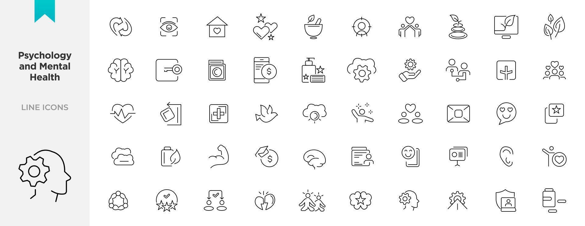 Psychology and mental line icons collection. UI icon set in flat line design. Containing depression, bipolar, PTSD, panic and mind disorder icons. Thin outline icons pack vector