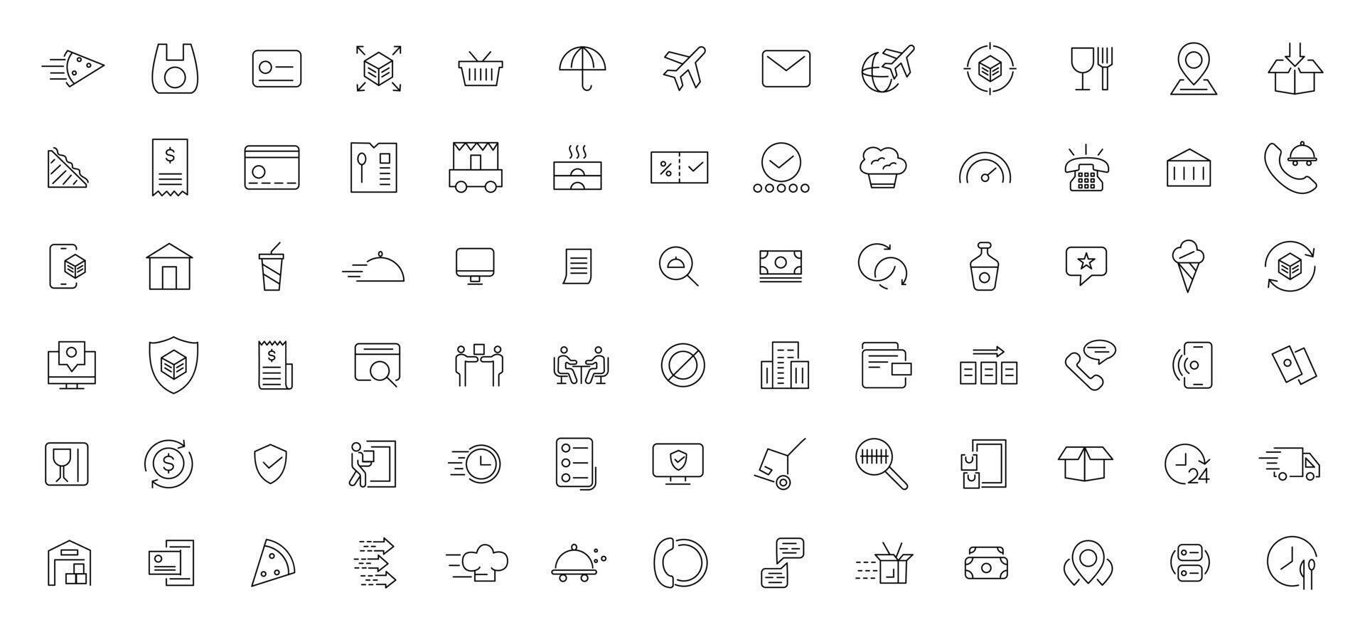 Food delivery service icon set. UI icons collection outline. Containing order tracking, delivery home, warehouse, truck, scooter, courier and cargo icons. Shipping symbol. vector