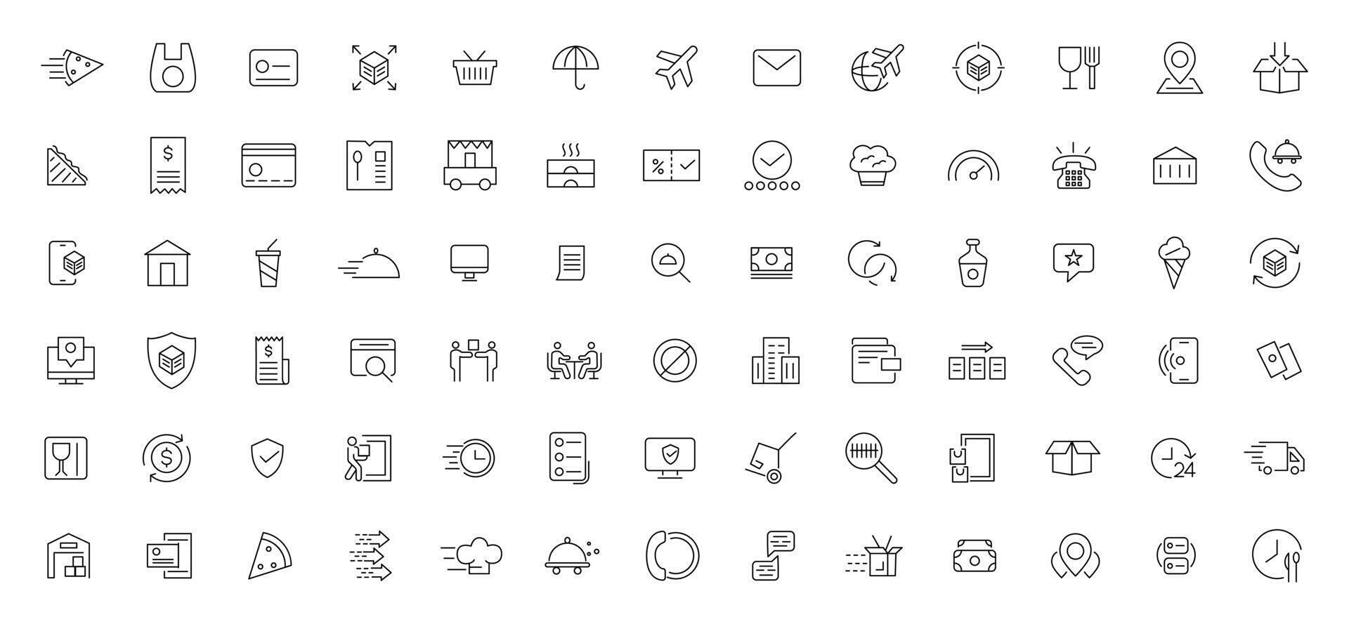 Food delivery service icon set. UI icons collection outline. Containing order tracking, delivery home, warehouse, truck, scooter, courier and cargo icons. Shipping symbol. vector