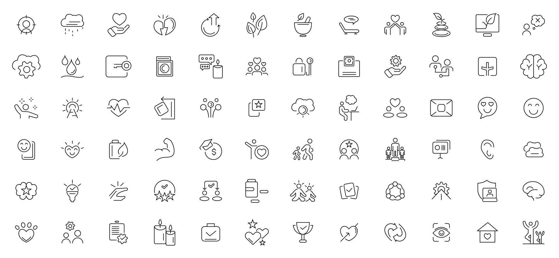 Psychology and mental line icons collection. UI icon set in flat line design. Containing depression, bipolar, PTSD, panic and mind disorder icons. Thin outline icons pack vector