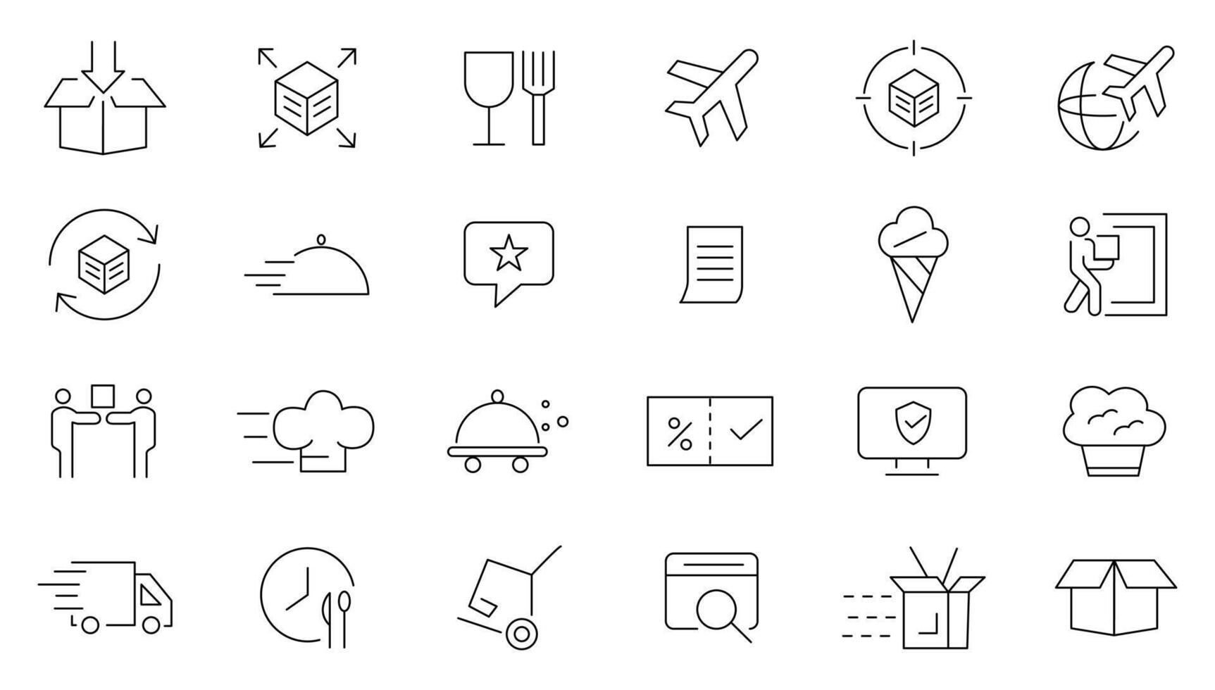 Food delivery service icon set. UI icons collection outline. Containing order tracking, delivery home, warehouse, truck, scooter, courier and cargo icons. Shipping symbol. vector