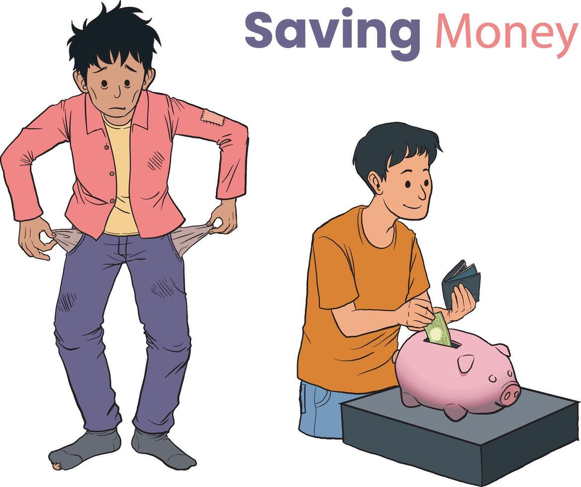 ilustración de ahorro dinero, antes de y después vector