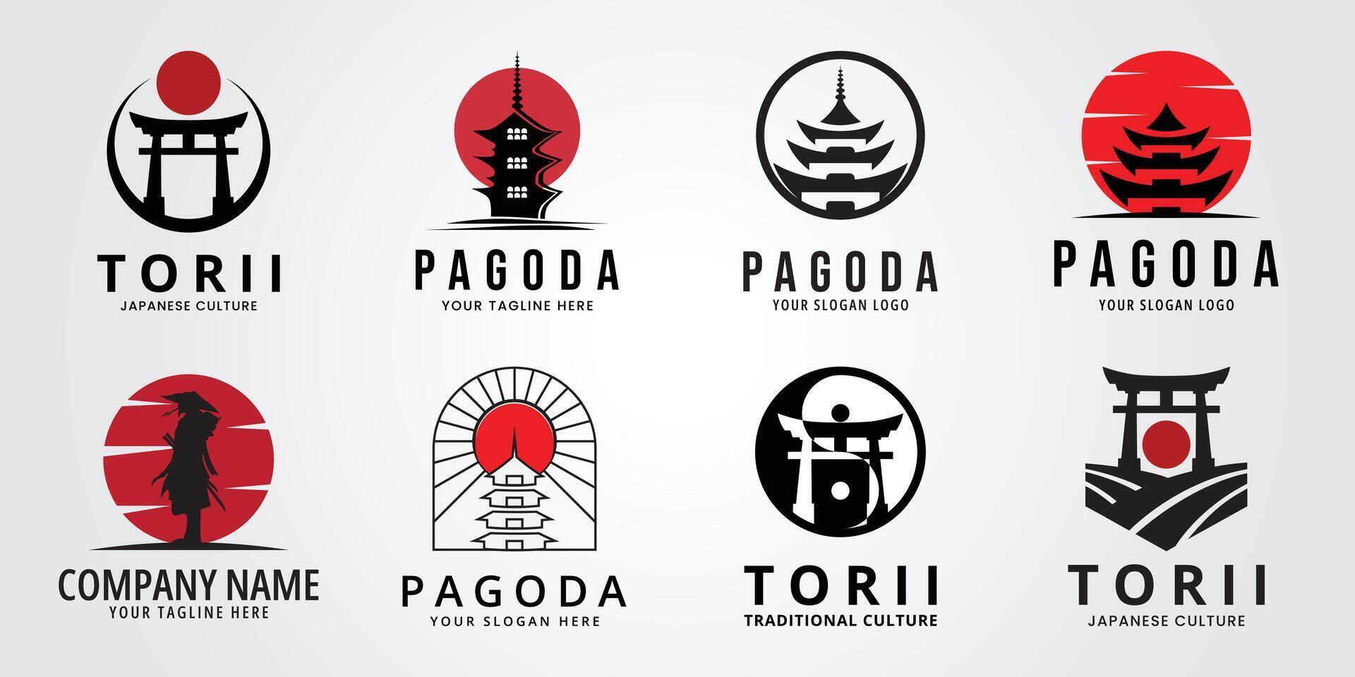 set bundle pagoda temple with sunburst logo symbol illustration design, minimalist pagoda temple vector