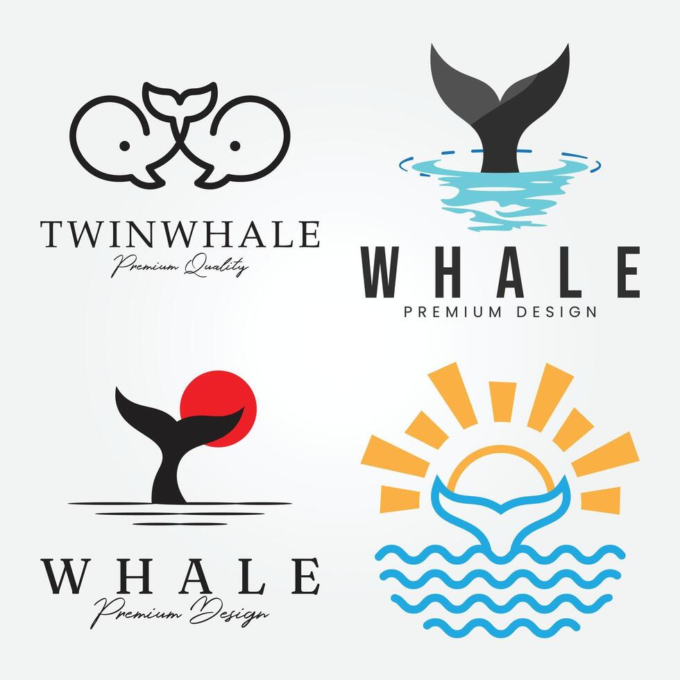 set bundle whale tail logo illustration design, cute whale fish logo design vector