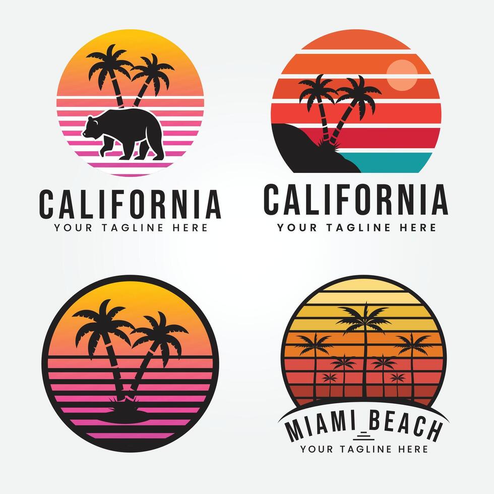 set bundle beach california with bear summer time, summer beach sunshine design artwork vector