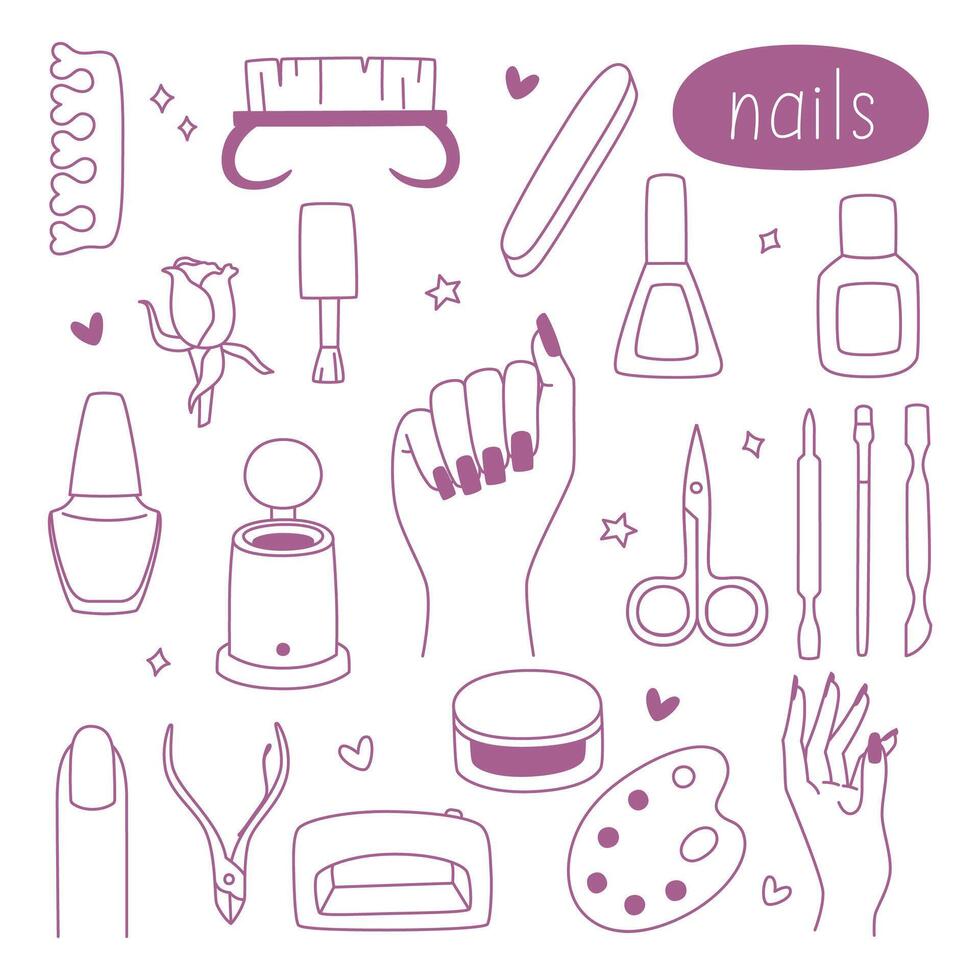 Manicure set of icons. Women's hands, nail polish, tools and other elements. Contour illustration in the doodle style. vector