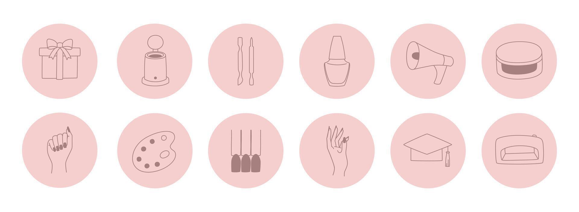 Highlights covers, posts, and stories for social media. Hand-drawn icons for manicure, contour illustration. vector