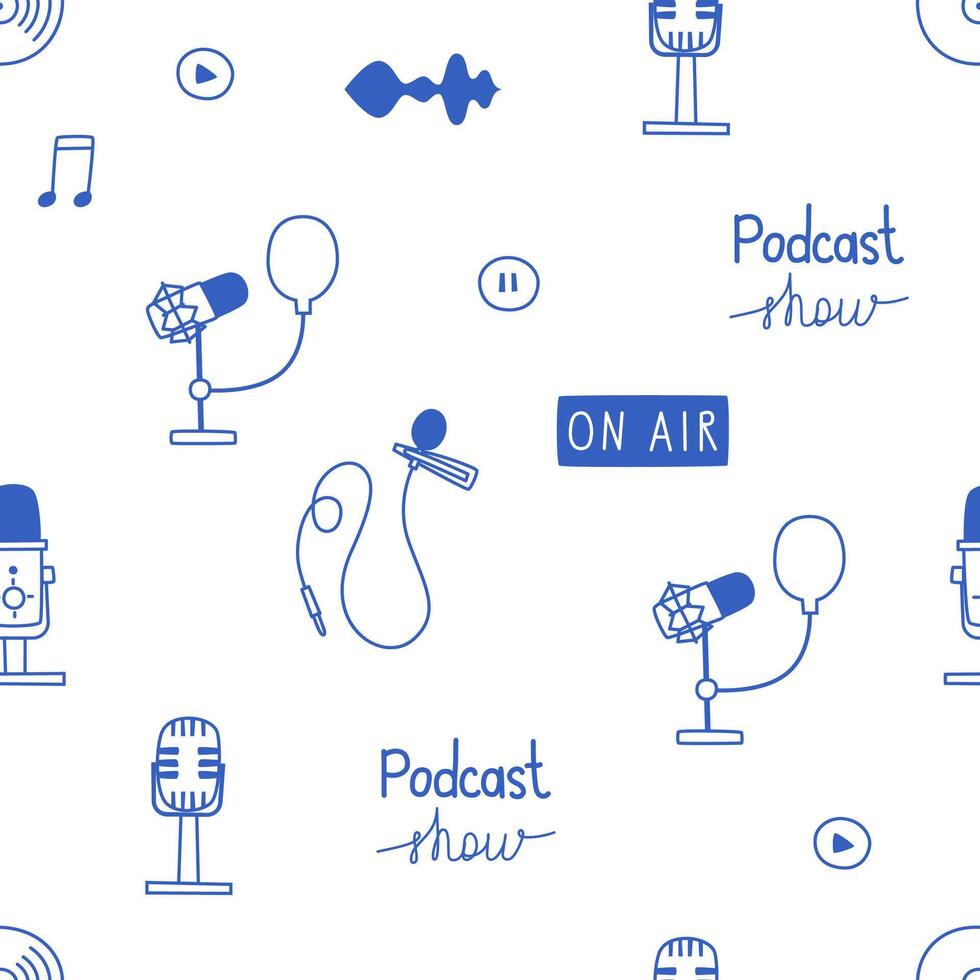 Seamless podcast-themed pattern. Various microphones, laptop, phrases, sound images. background in the doodle style, for banners, websites, packaging. vector