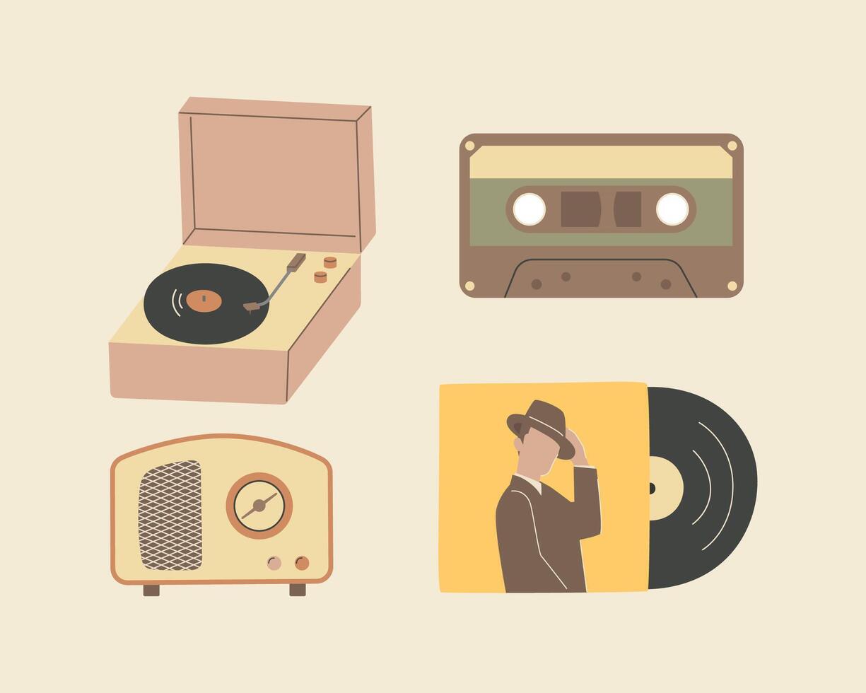Nostalgia musical equipment, cassette tape and vinyl disc, radio and vinyl record player. Retro audio devices in a flat style, isolates. vector