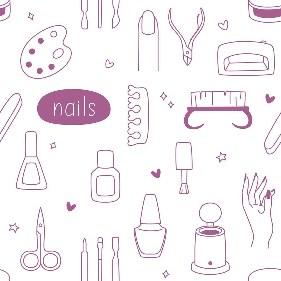 Seamless manicure pattern in doodle style, . A repeating background with nail polish, tools, hands and other objects. vector