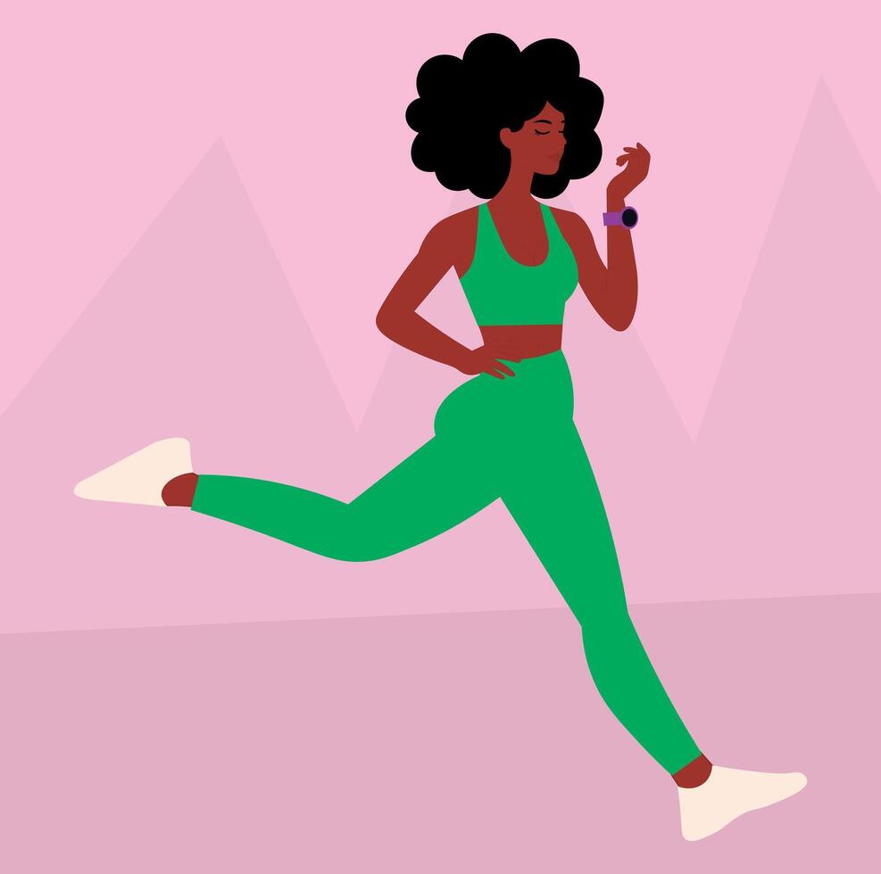 hermosa negro mujer haciendo caminar, aptitud niña ilustración, gimnasia, aptitud niña con reloj vector