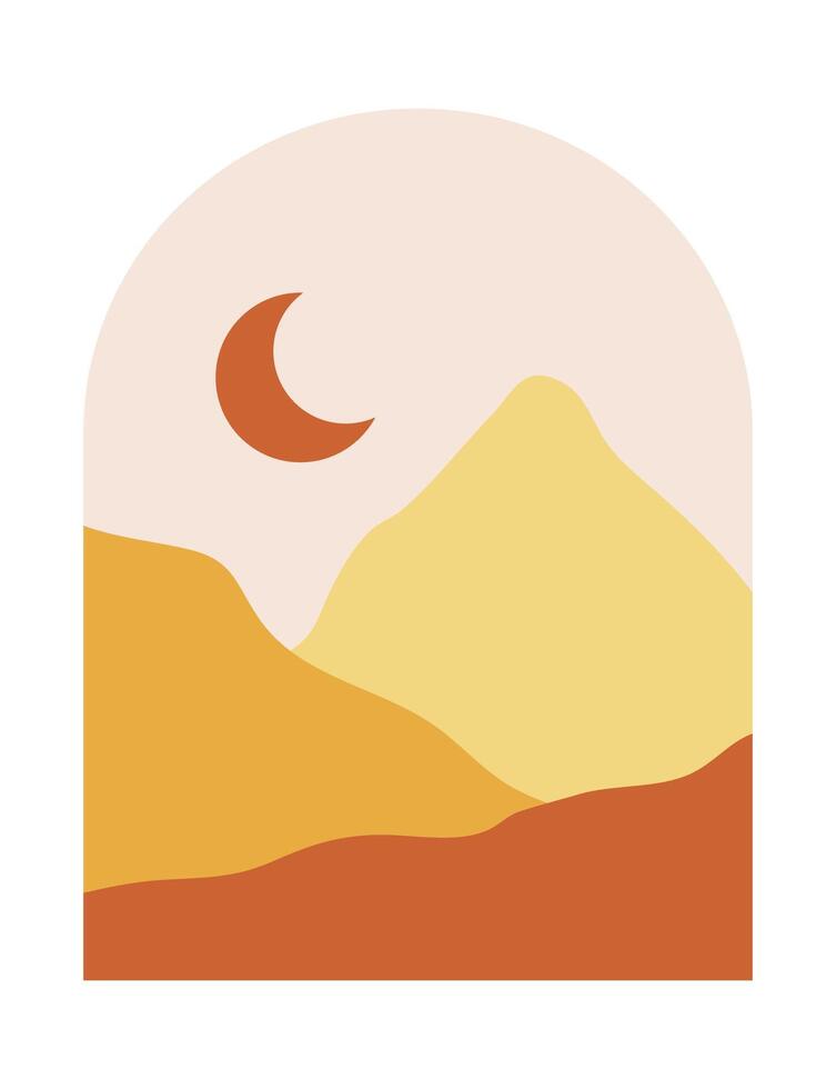 Abstract boho mountains landscape with moon in the mid century arche. Modern terracotta and yellow illustration. vector