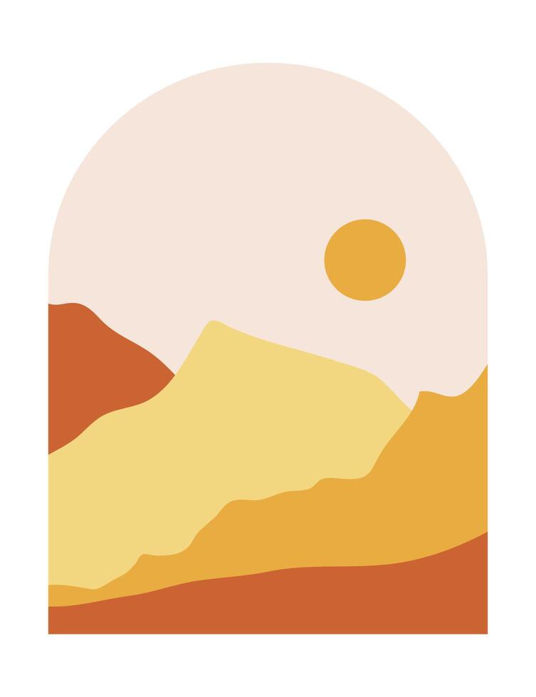 Abstract boho mountains landscape with sun in the mid century arche. Modern terracotta and yellow illustration. vector