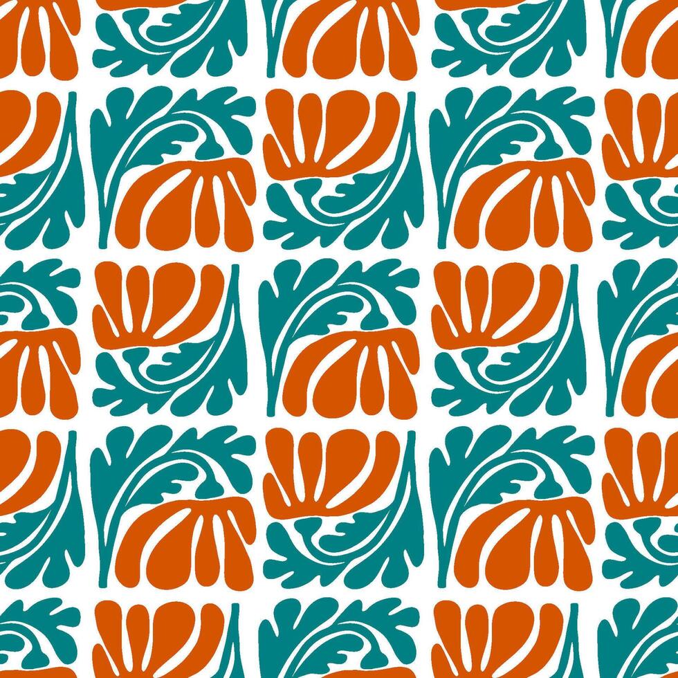 Modern flowers patterns. Abstract floral tiles. Terracotta, teal and orange illustration. vector