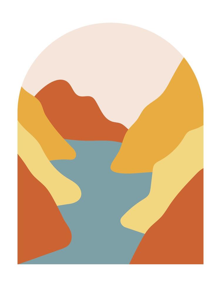 Abstract boho mountains landscape with blue river in the mid century arche. Modern terracotta and yellow illustration. vector