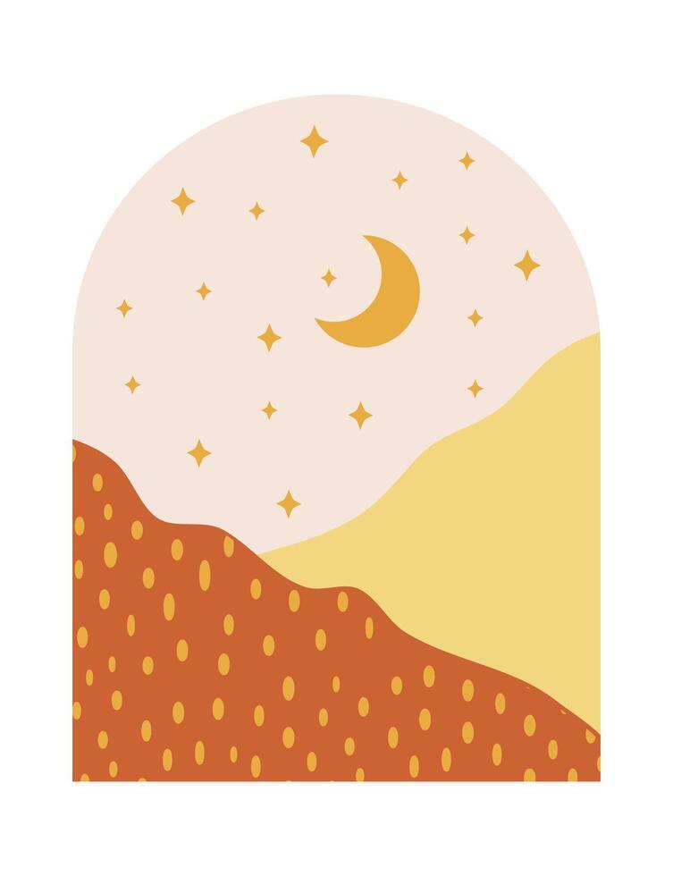 Abstract boho mountains landscape with moon and stars in the mid century arche. Modern terracotta and yellow illustration. vector