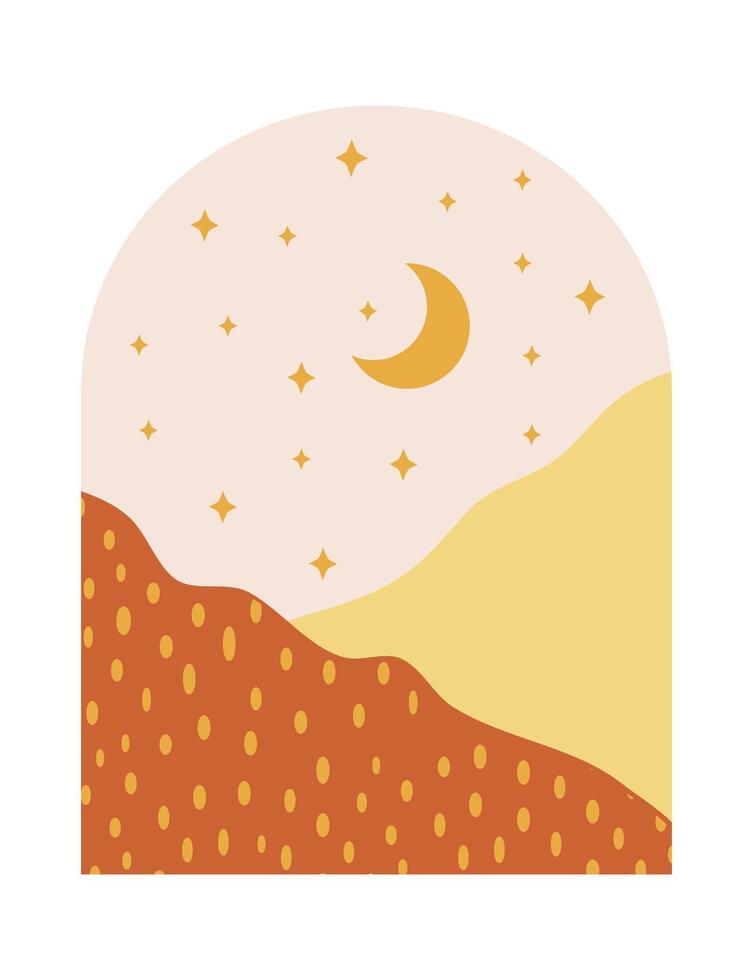 resumen boho montañas paisaje con Luna y estrellas en el medio siglo arco. moderno terracota y amarillo ilustración. vector