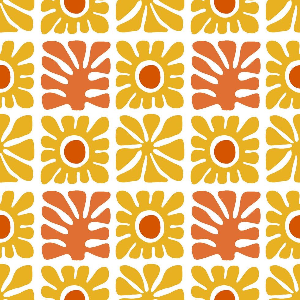 Modern geometric shapes and flowers seamless patterns. Abstract floral tiles. Terracotta, yellow and orange illustration. vector