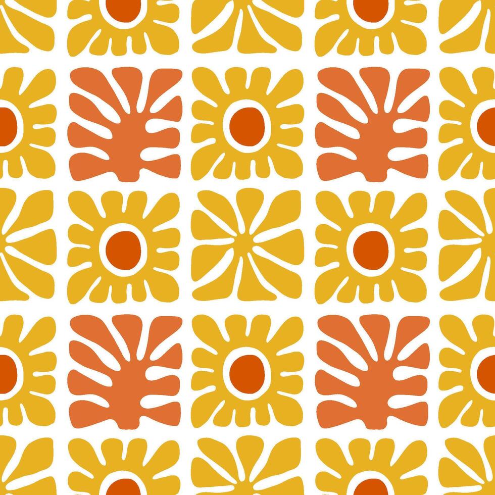 Modern geometric shapes and flowers seamless patterns. Abstract floral tiles. Terracotta, yellow and orange illustration. vector