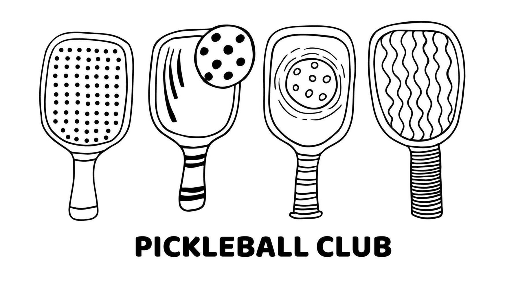 Pickleball paddles and balls set, hand drawn black outline illustration. vector