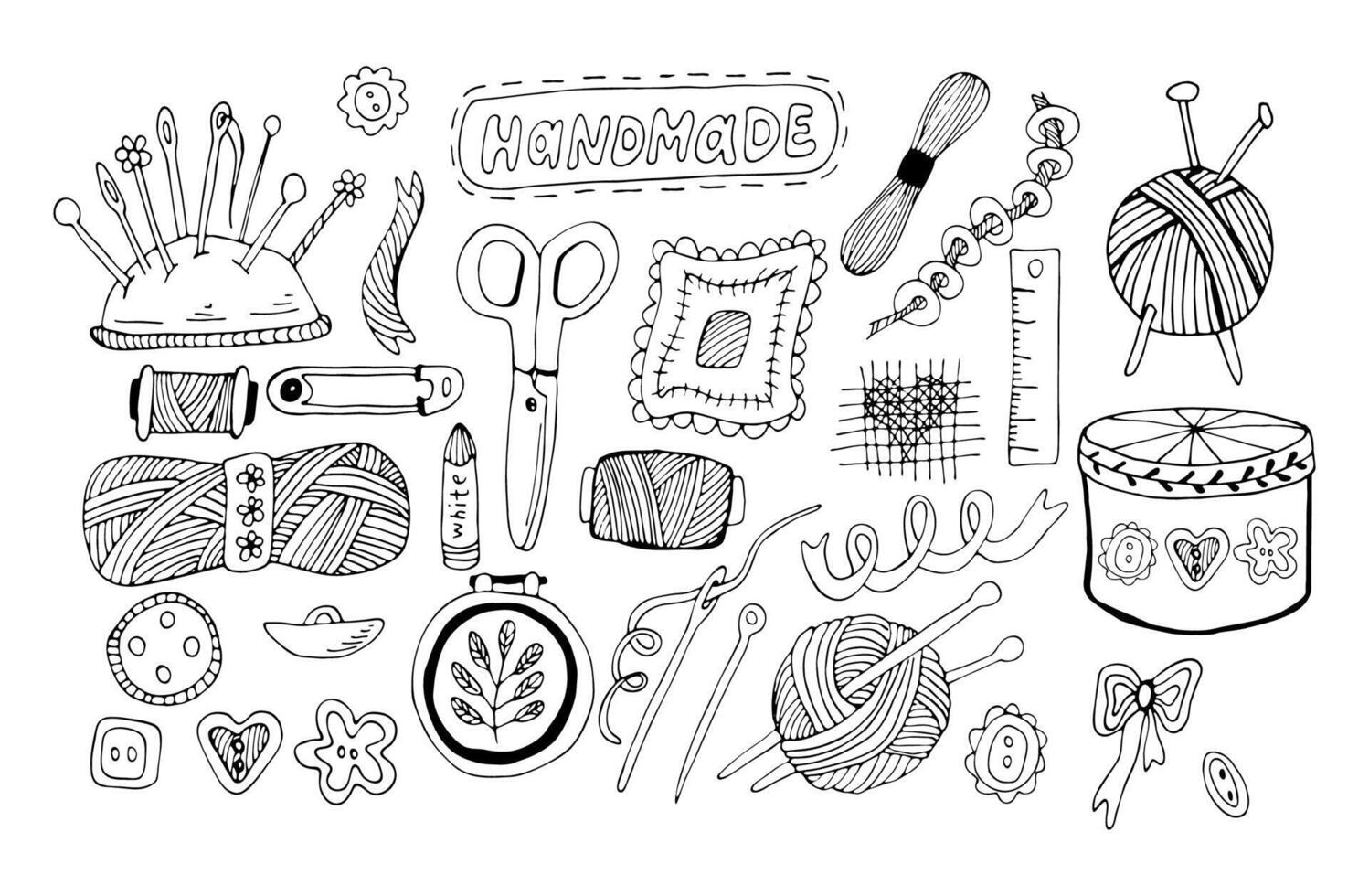 Black outline arts and crafts hand drawn supplies. Handmade tools doodles collection. vector