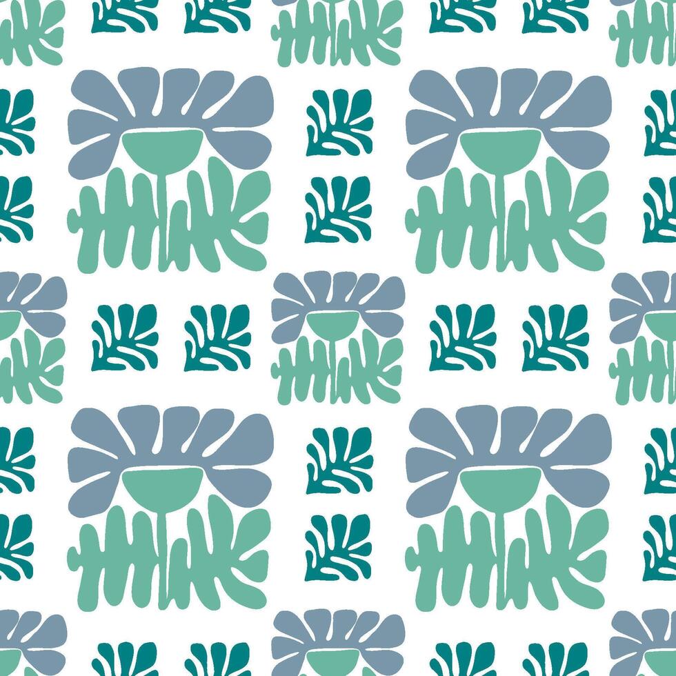 Modern abstract floral seamless pattern. Turquoise and blue matisse inspired art illustration. vector