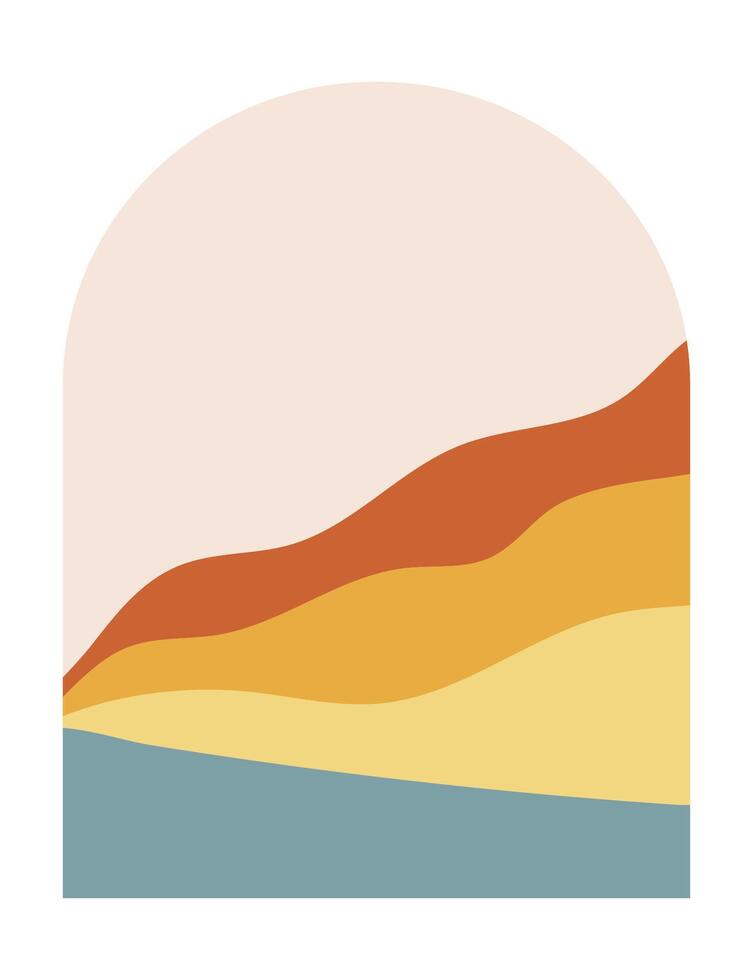 Abstract boho mountains landscape with blue river in the mid century arche. Modern terracotta and yellow illustration. vector