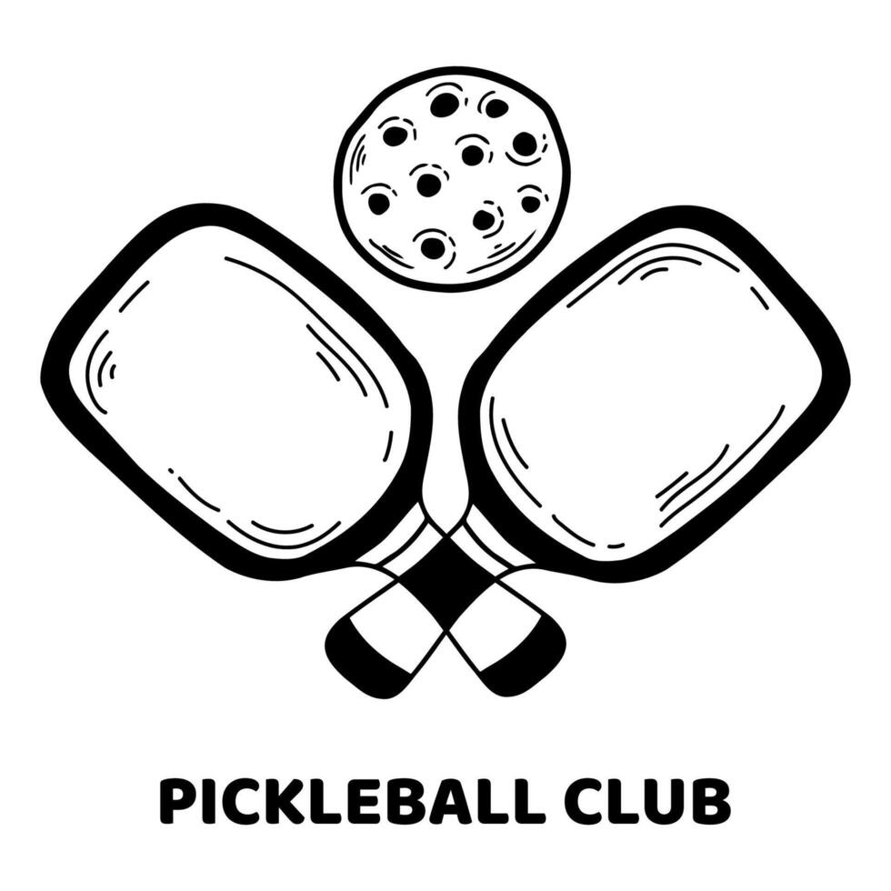 Pickleball paddles and balls logo, hand drawn black outline illustration. vector