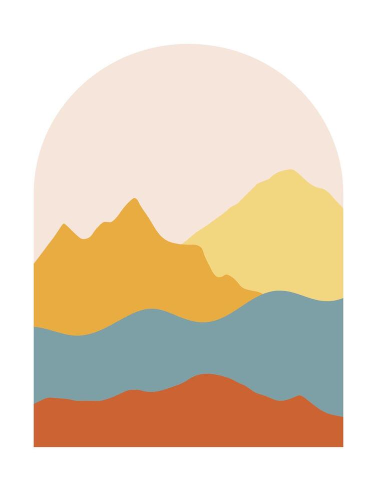 Abstract boho mountains landscape with blue river in the mid century arche. Modern terracotta and yellow illustration. vector