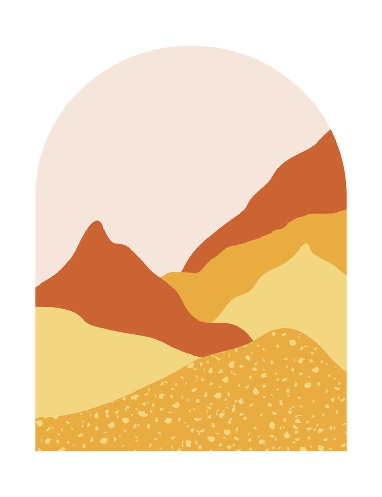 Abstract boho mountains landscape in the mid century arche. Modern terracotta and yellow illustration. vector