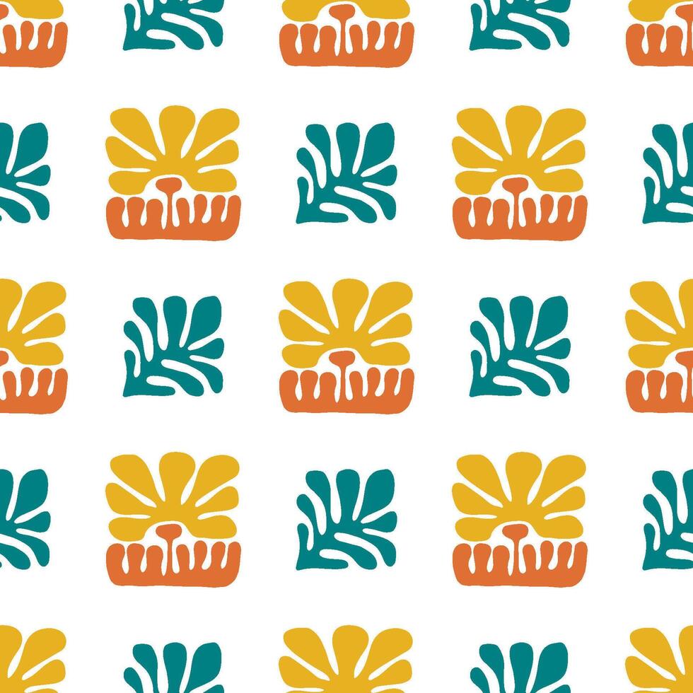 Modern geometric shapes and flowers seamless patterns. Abstract floral tiles. Terracotta, teal and orange illustration. vector