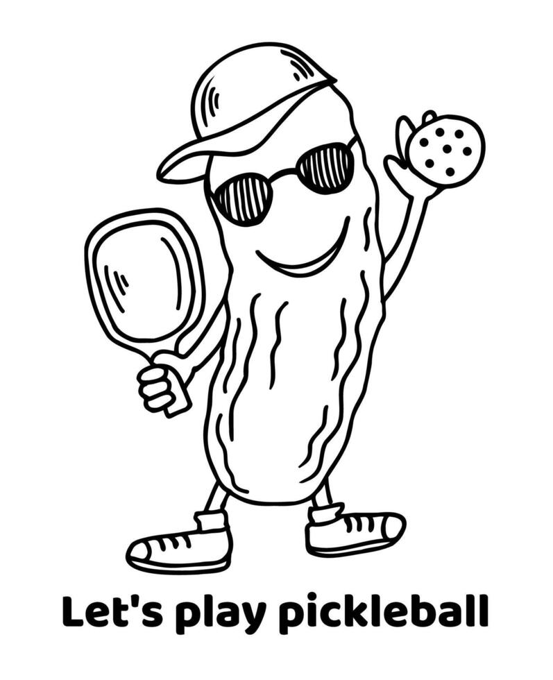 Pickleball pickle mascot holding a paddle and ball, with sunglasses and smile on his face. Hand drawn black outline doodle illustration. vector