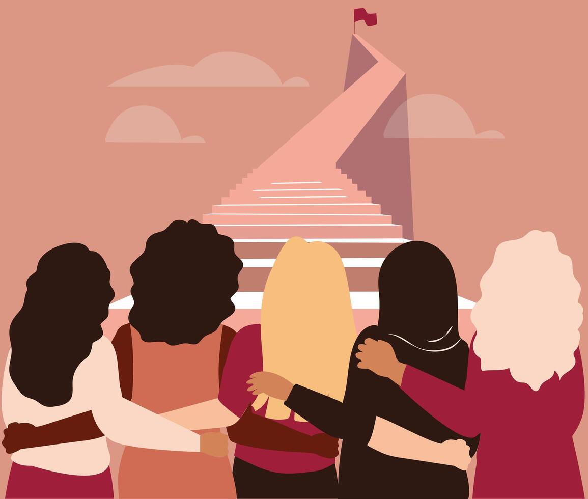 Independent women of different ethnicities stand side by side together while climbing highly on the stairs. Brave feminists support each other to reach their goal. Women empowerment and rights concept vector
