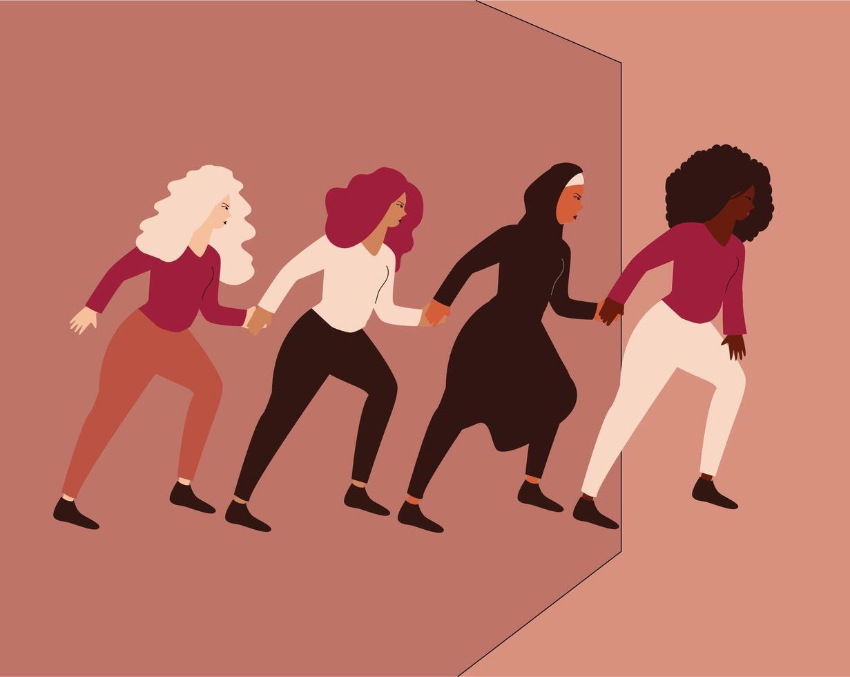Group of women forms a community to help each other in their professional career. Business woman starts a new life with the help of her friends. Women empowerment, leadership and sisterhood concept. vector