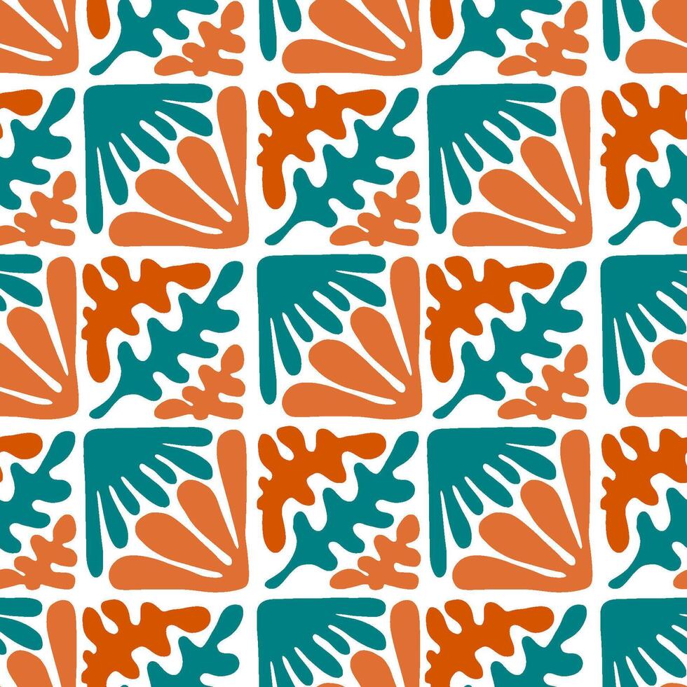 Modern geometric shapes seamless patterns. Abstract floral tiles. Terracotta, teal and orange illustration. vector