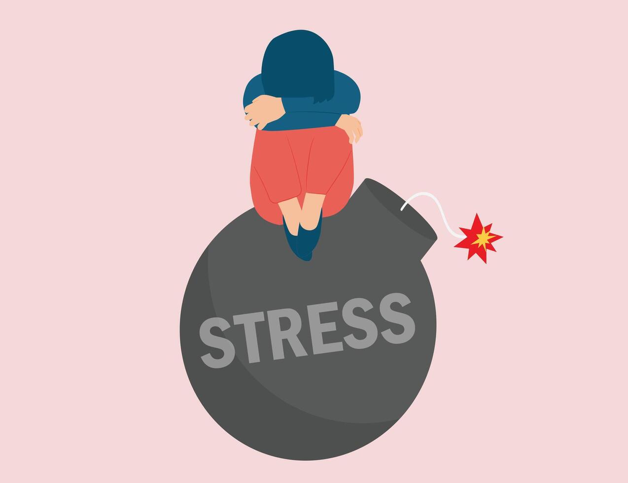 Woman crying and carrying accumulated negative emotional overload. Lonely teenage girl sitting on a stress bomb with burning fuse due to daily pressure. Mental health disorder or illness concept vector