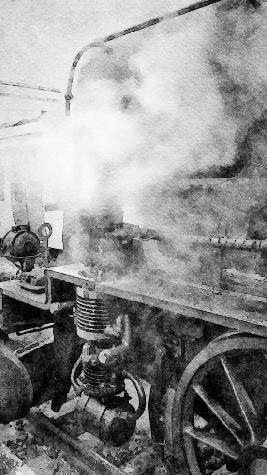 black and white watercolor style of a vintage steam locomotive photo