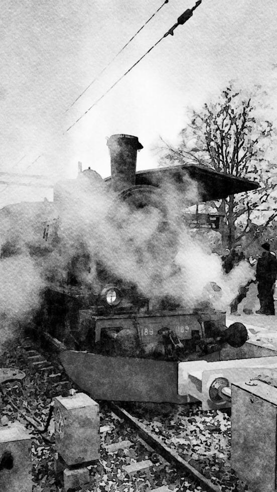 black and white watercolor style of a vintage steam locomotive photo