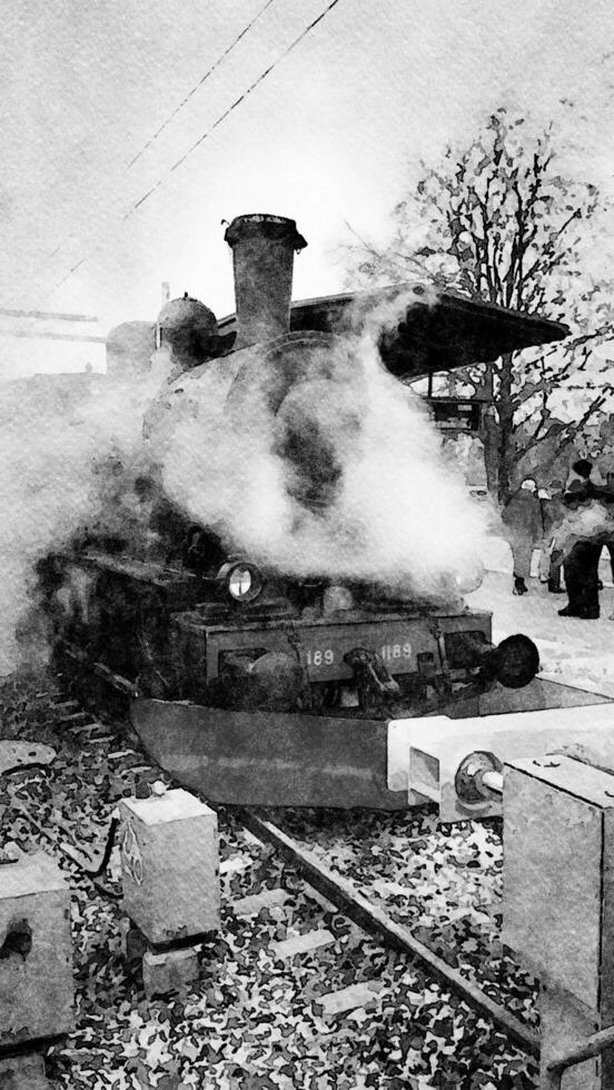 black and white watercolor style of a vintage steam locomotive photo