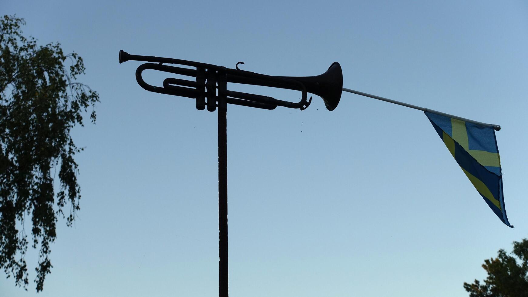 a trumpet with the Swedish flag tucked inside photo