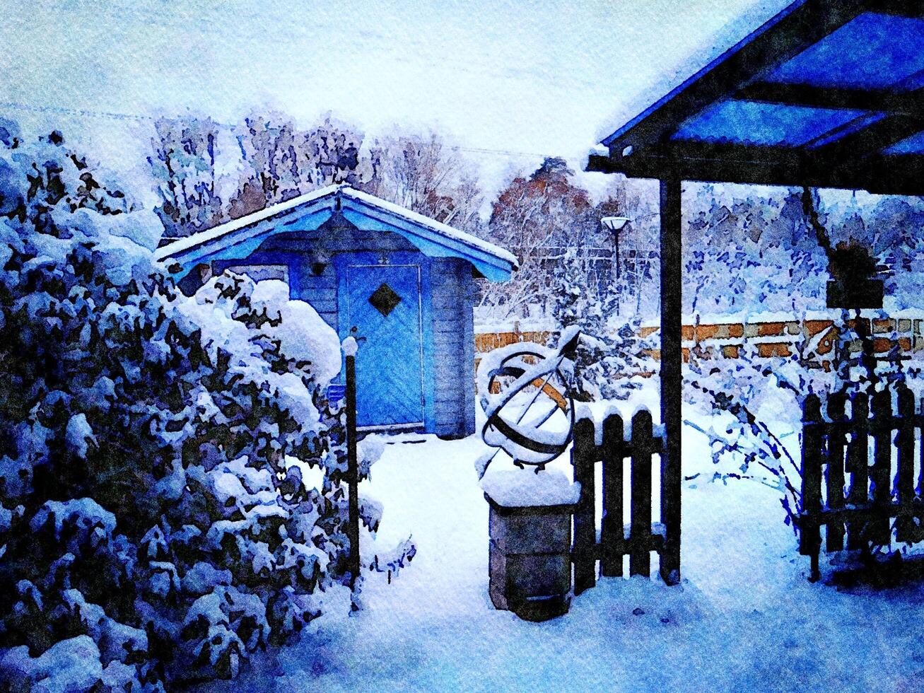 Digital watercolor style of a sundial and a small wooden hut after a snowfall in northern Scandinavia photo