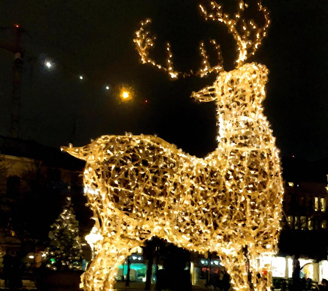 A glowing reindeer at night on the street in Scandinavia in digital painting style photo