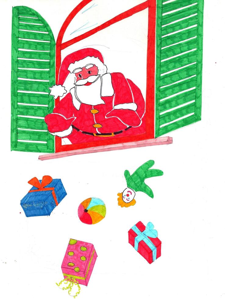 Papa Noel claus lanza muchos regalos desde el ventana foto