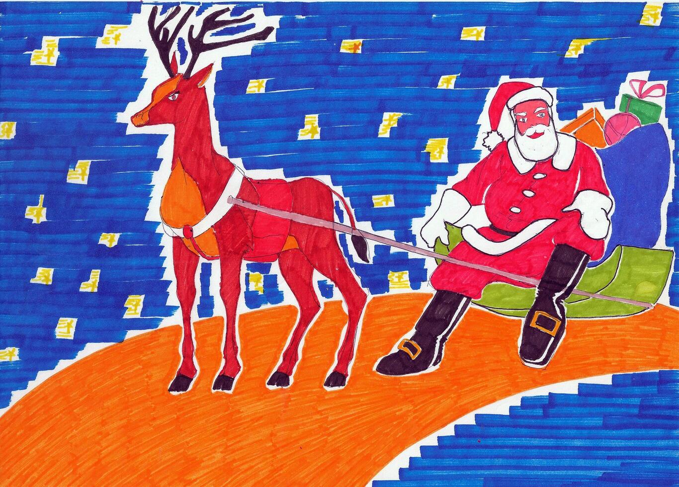 Santa Claus with the sleigh and his reindeer photo