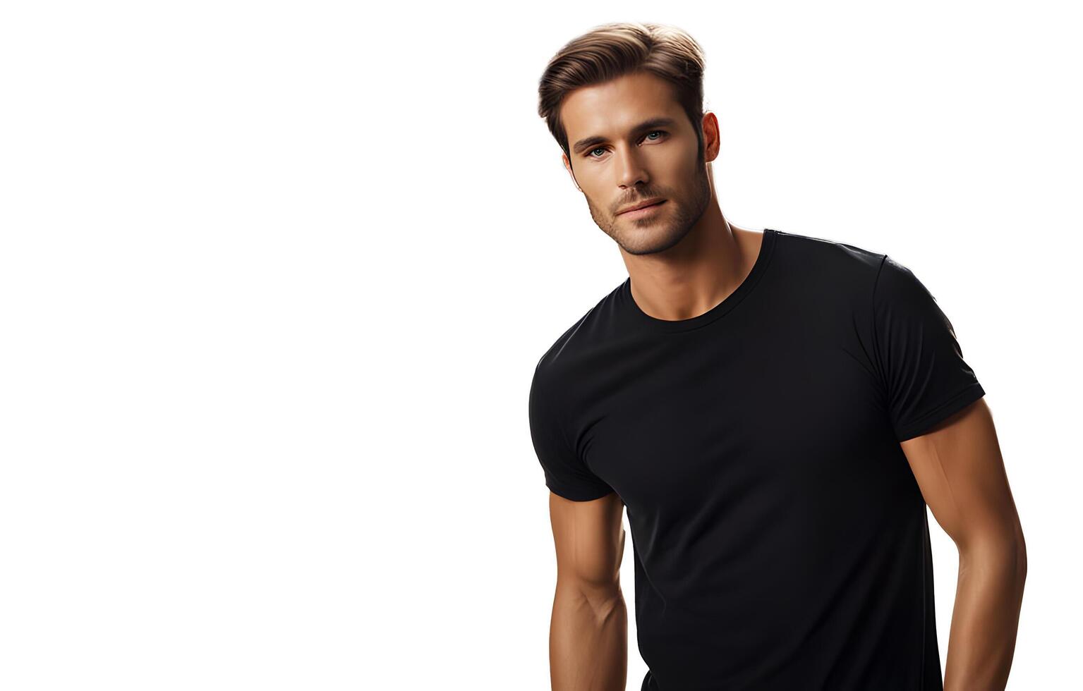 Young model shirt mockup - boy in black tee on white space photo